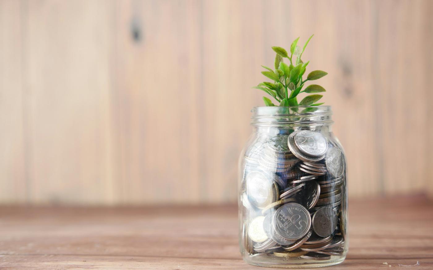 a glass jar filled with coins and a plant by Towfiqu barbhuiya courtesy of Unsplash.